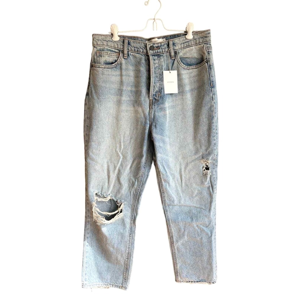 Hidden Womens Tracey High Rise Straight Crop Jeans Distressed Light Wash Size 30